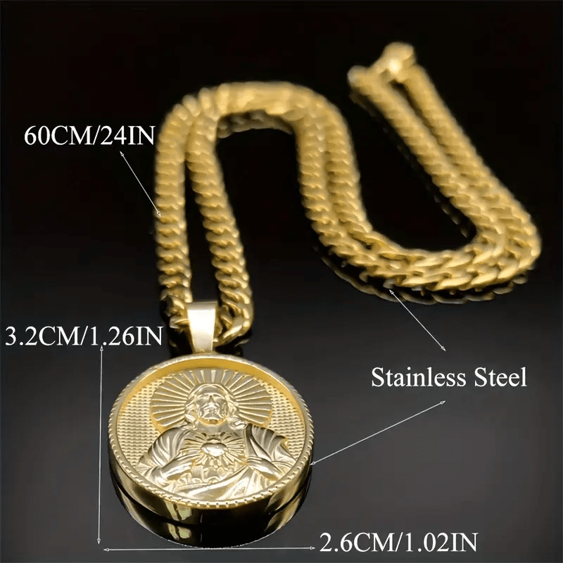 Men's Sacred Heart Necklace - Elegant Golden Medal Pendant, Durable Chain for Formal & Everyday Jewelry - Ideal Gift for Birthdays, Anniversaries, Father's Day - Year-Round Luxury Necklace for Him, Classic Link Chain, Robust