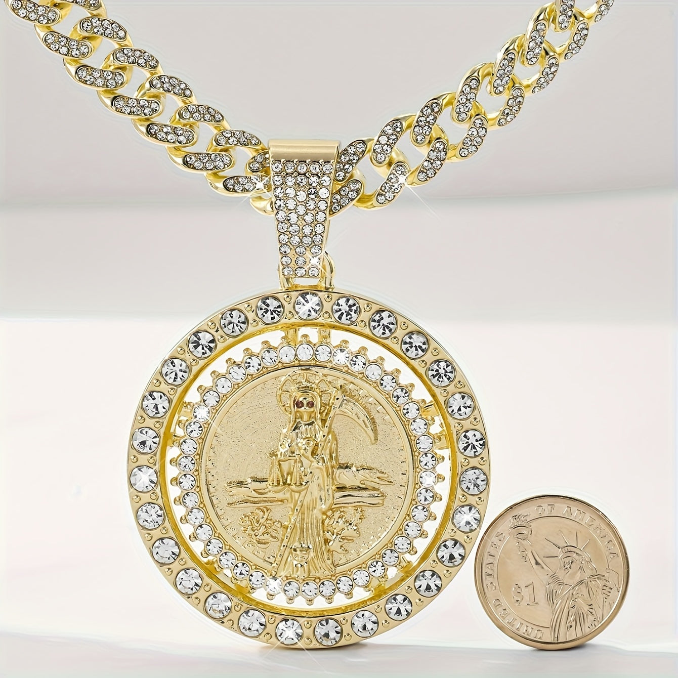 14K Gold Plated Saint Mortule God of Death Pendant Necklace - Rotating Bohemian Religious Medal Jewelry with 3A, Unisex for men & Women, Christmas/Easter Gift, Year-Round Wear (Copper Base)