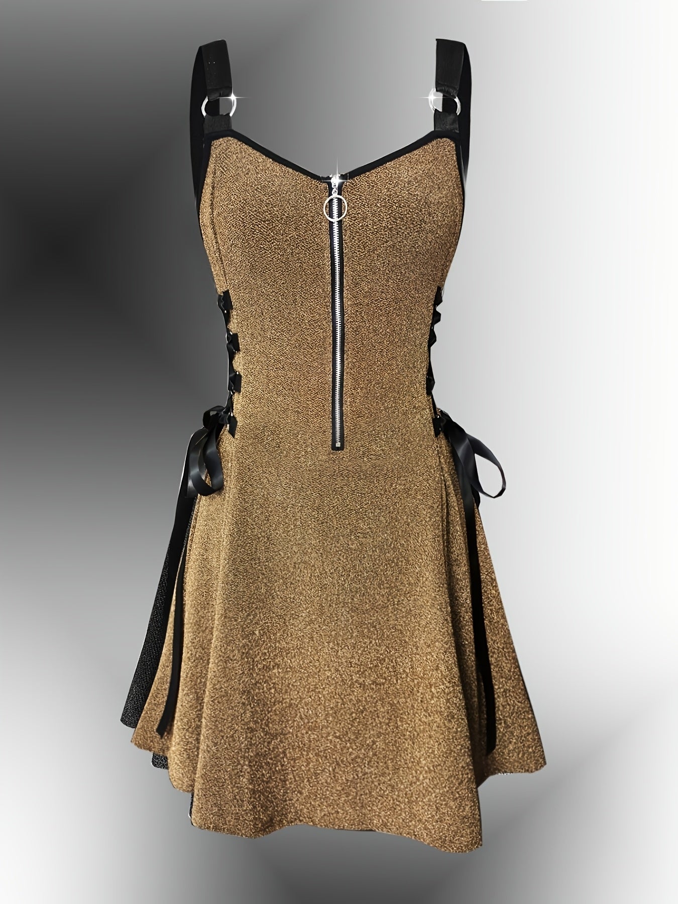 Y2K Metallic Fabric | Fashionable Women'S Peplum Dress with V-neck and Zipper Closure | Flared Hem, Waist-Cinching Details | All-Season Wear