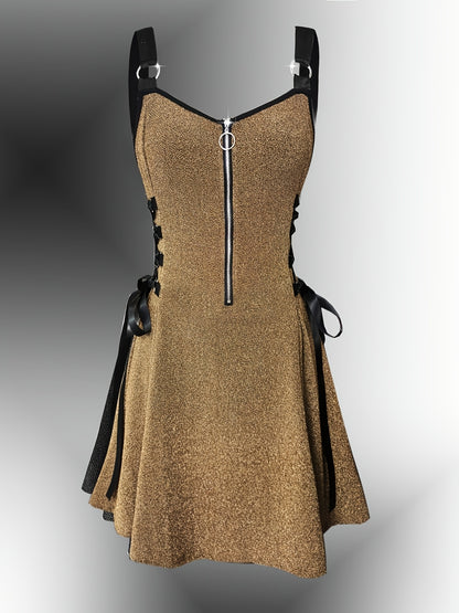 Y2K Metallic Fabric | Fashionable Women'S Peplum Dress with V-neck and Zipper Closure | Flared Hem, Waist-Cinching Details | All-Season Wear