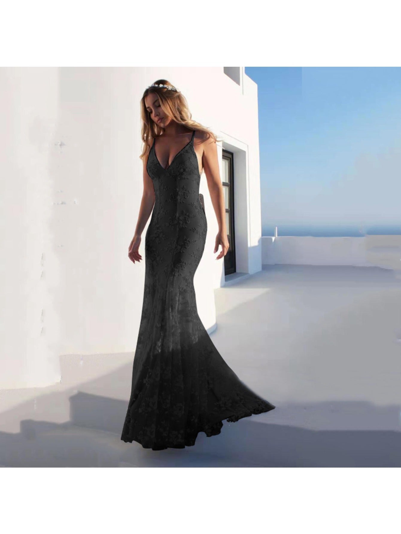 Elegant Formal Gown | Sleeveless Spaghetti Strap White Maxi Dress with V Neck - Perfect for Wedding Guest, Gala Dinner & Engagement Party