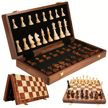 38.1cm X 38.1cm/15" X 15" Chess Solid Wood Large Premium Folding Set, Chess Pieces Solid Wood, Checkerboard Walnut, Internal Storage Box