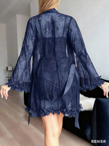 Three-piece Lace Nightdress Set for Women | Pajamas with Robe and Thong, Satin, V-neck, Beaded Details, Elegant Style