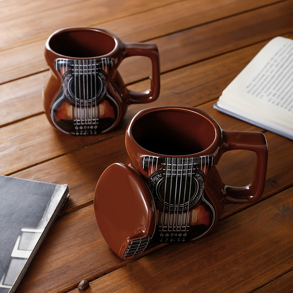 Guitar-Shaped Ceramic Mug - Large 500ml Music-Themed Coffee Cup with Spanish Lyre & Guitar Tab Design, Freezer- Lid, Hand Wash Only - Gift for Musicians, Musically-Inspired Drinkware for Home, Office, Dorm (Guitar Pick Accent