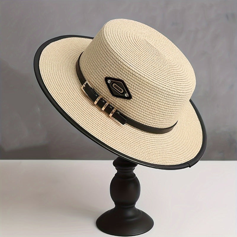 French Retro British Summer Flat Brim Hat - Adjustable Unisex Outdoor Wide Brim Hat with Decorative Buckle and Black Ribbon, Fashionable Sun Hat for Men and Women | Elegant Accessories | Exquisite Weaving, Stylish Headwear, C