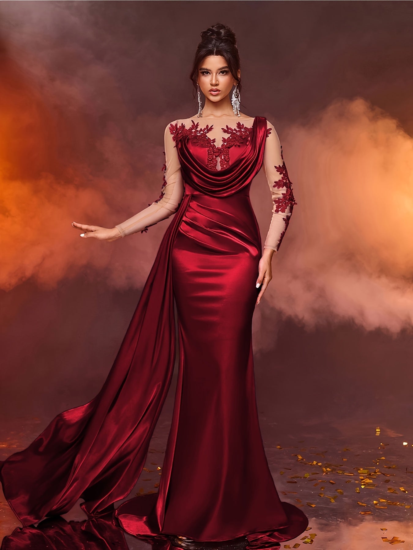 Elegant Long Ladies' Gown with Lace Detail | Solid Color, Contrast Mesh, Long Sleeve, Gown Hem, Ideal for Christmas, Birthday, Graduation, Travel