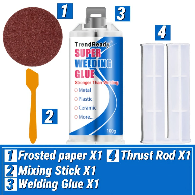 100g Heavy Duty Casting Glue | 2-IN-1 Liquid Welding Glue High Strength Glue Includes Frosted Paper, Thrust Rod & Mixing Stick | Oilproof Metal Glue for Metal | Metal Casting Adhesive, Castor Glue, Super Epoxies Glue, AB Glue
