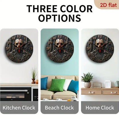 Friday the 13th Jason Voorhees Mask Wall Clock- 10inch  Silent Quartz Horror  Decoration, 2D Flat Printing, Artificial Wood Round Clock, Suitable for Halloween, Christmas, Living Room and Bedroom- Energy Saving(AA Batteries I
