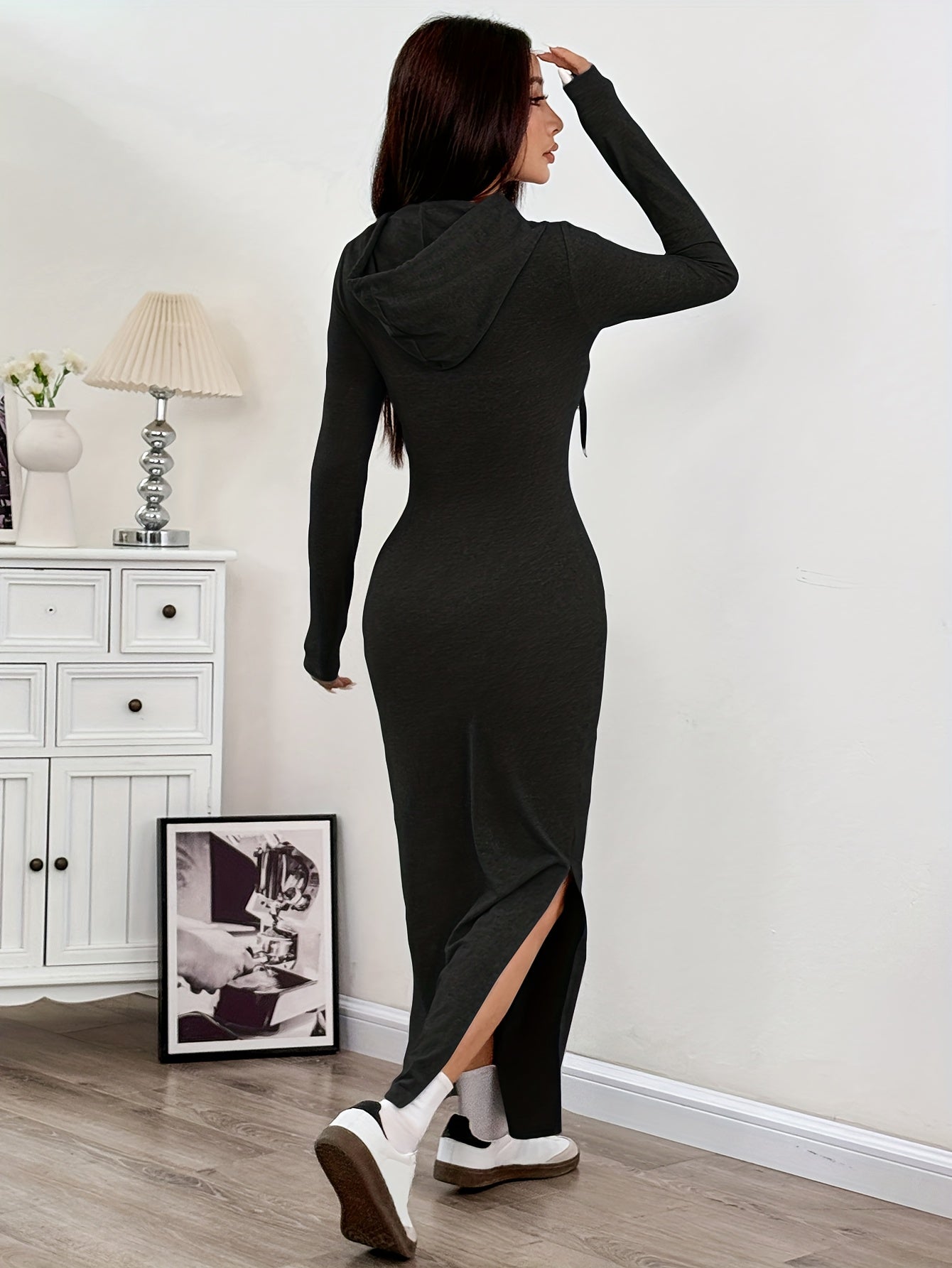 Spring and Autumn New Hooded Long Cross Knee Casual Fashion Dress | Solid Color, Long Sleeve, Bodycon Fit, Slit Hem