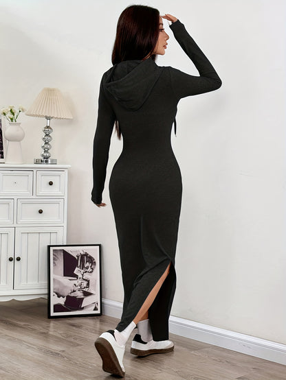 Spring and Autumn New Hooded Long Cross Knee Casual Fashion Dress | Solid Color, Long Sleeve, Bodycon Fit, Slit Hem