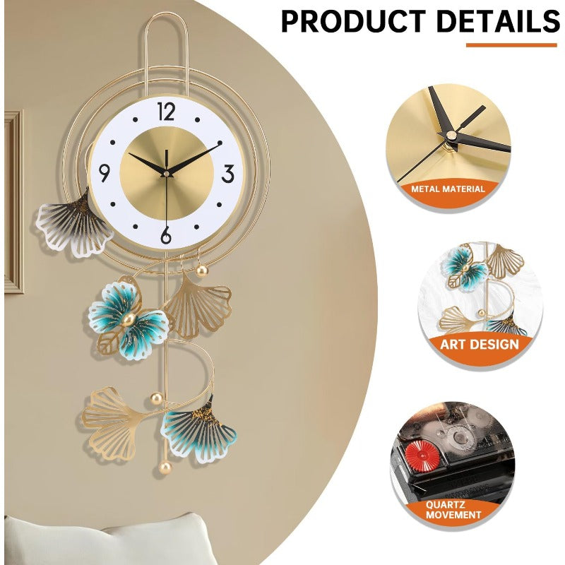 Large Modern Round Wall Clock with Golden Hands & Green Leaf Dial - Large Golden Hands, Green Leaf & Golden Butterfly Numbers, Large Black Face (12.5x25.5 Inch) Silent Non-Ticking Easy-to-Read Analog Clock for Living Room, Be