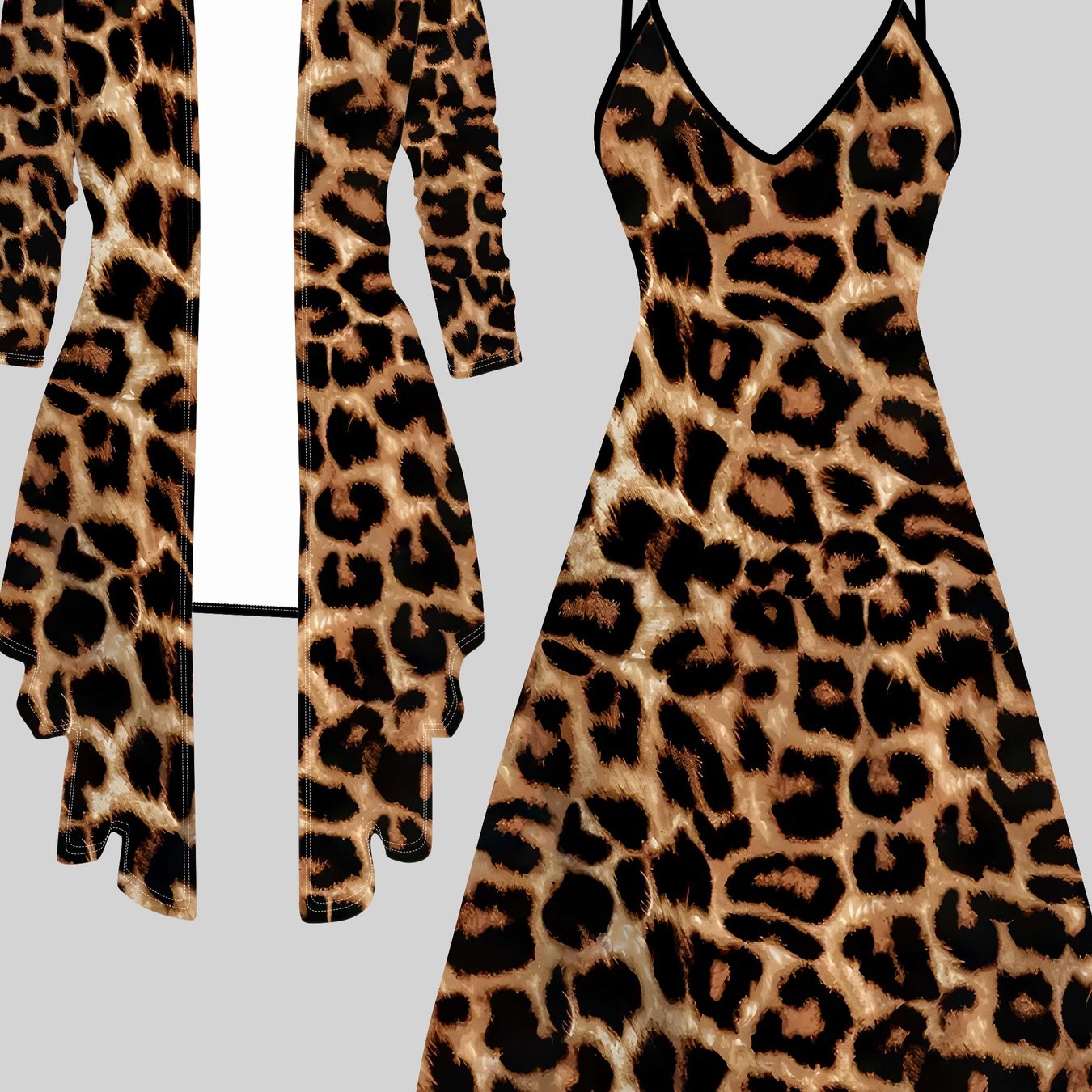Women'S 3D Printed Leopard Print Long Sleeve Coat & Halter Dress Set - All-Season Casual Elegant Outfit, V-Neck, Brown & Animal Print, Perfect For Casual Attire, Leopard Print Dress