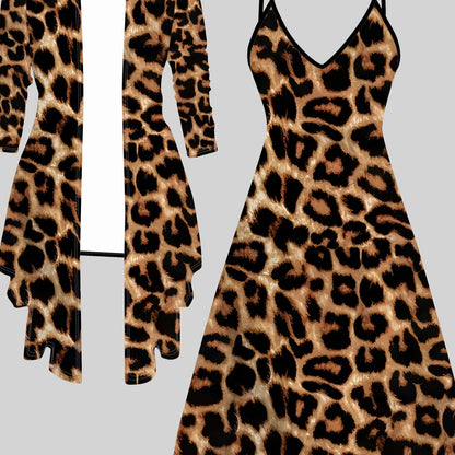 Women'S 3D Printed Leopard Print Long Sleeve Coat & Halter Dress Set - All-Season Casual Elegant Outfit, V-Neck, Brown & Animal Print, Perfect For Casual Attire, Leopard Print Dress
