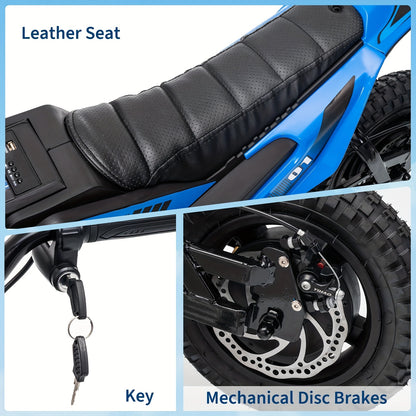24V 350w Kids Ride On Motorcycle, 13.6MPH Max Speed, Mini Dirt Bike with Rear Wheel Suspension, Music, 12 Miles Range, Twist Grip Throttle, Seats, Blue