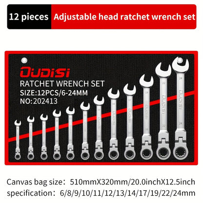 6-14pcs Professional Adjustable Ratchet Wrench Set With Storage Bag -6-24mm Durable CR-V Telescopic Head Socket Wrench Set, Suitable For Automobile, Home And Bicycle Maintenance-compact Heavy Machinery Tools.