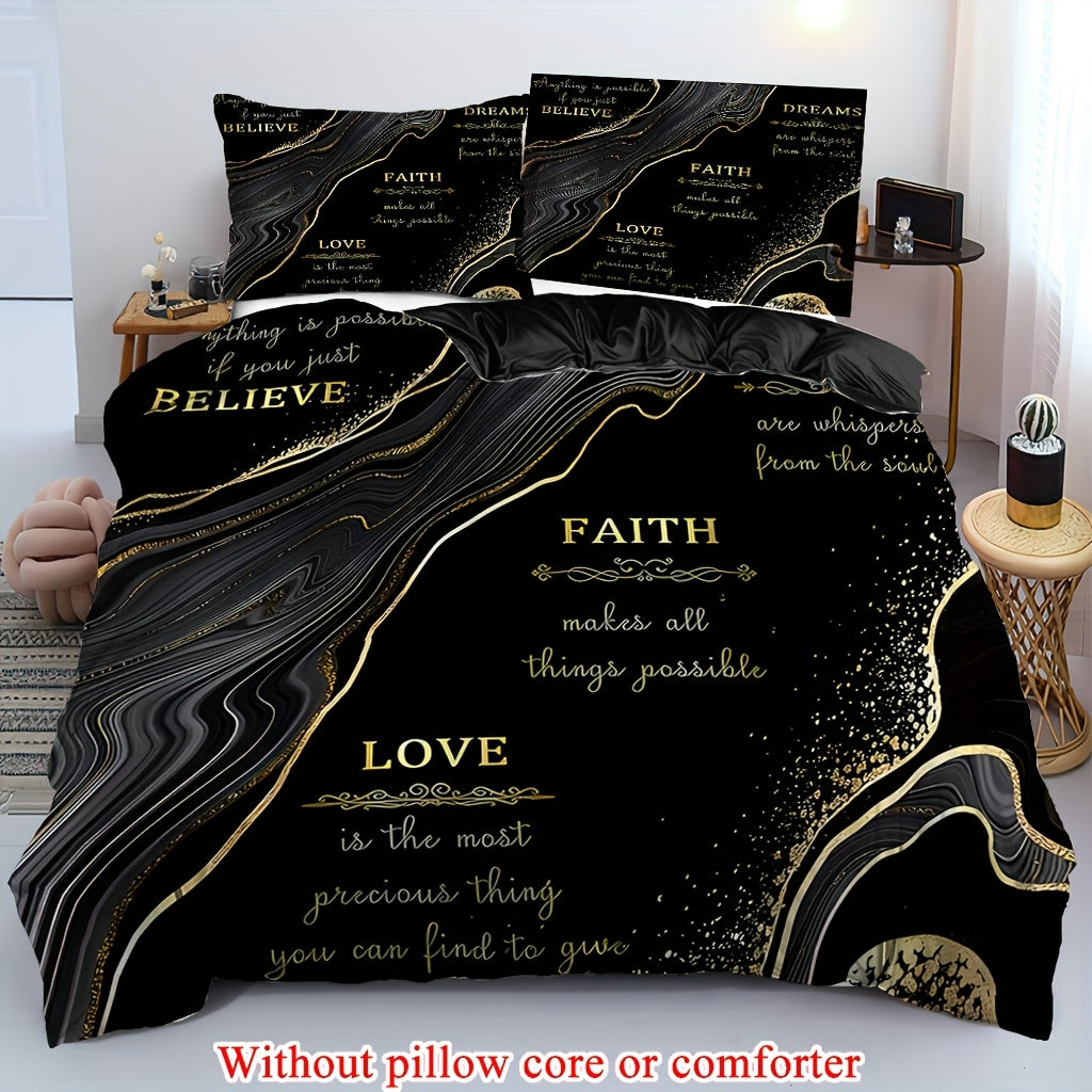 2/3pcs (1 Duvet Cover + 1/2 Pillowcase, Without Core) Black Golden Marble Cut Surface Message Luxury Style Print Soft Comfortable Bedding Set for Bedroom Dorm Room Family Gift