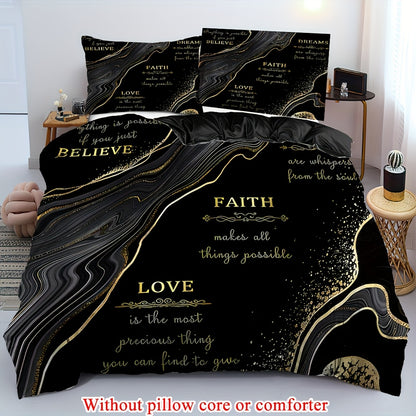 2/3pcs (1 Duvet Cover + 1/2 Pillowcase, Without Core) Black Golden Marble Cut Surface Message Luxury Style Print Soft Comfortable Bedding Set for Bedroom Dorm Room Family Gift