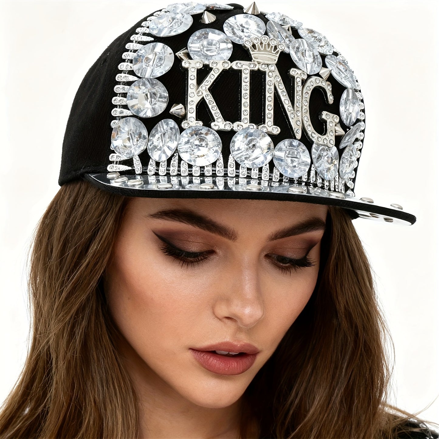 Unisex Stylish Rhinestone "KING" Baseball Cap - Lightweight Polyester, Black with Sparkling Embellishments, Perfect for Casual Outings and Parties, Statement Fashion | Edgy Baseball Cap | Metallic Accents