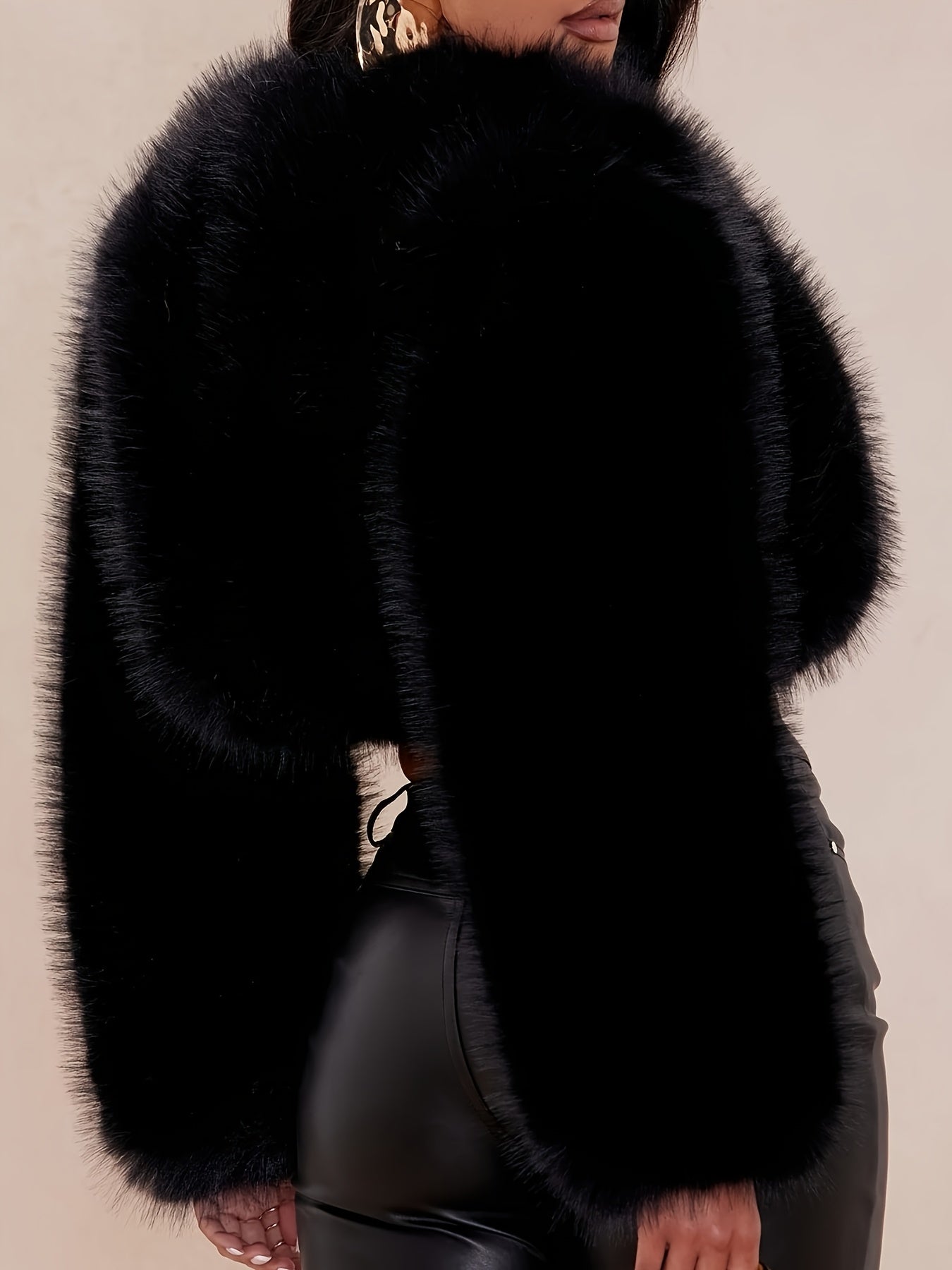 Party Club Holiday Night Out - Women's Warm Faux Fur Fuzzy Plush Coat Top - Black Shaggy Cropped Short Jacket - Y2K Streetwear Outerwear