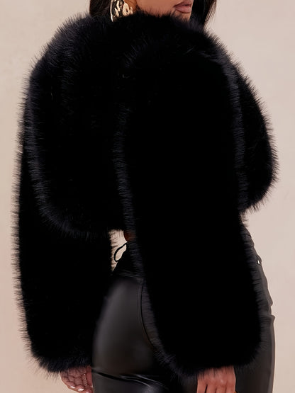 Party Club Holiday Night Out - Women's Warm Faux Fur Fuzzy Plush Coat Top - Black Shaggy Cropped Short Jacket - Y2K Streetwear Outerwear
