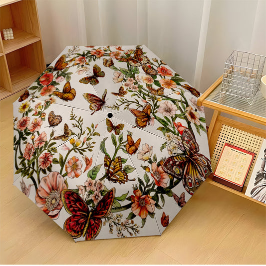 Automatic Open/Close Umbrella with One-Touch Button - 8-Rib Compact Folding Canopy, Large Floral & Butterfly Print (Pink/Red/Yellow/Green) - Unisex Portable Travel Umbrella for Men & Women, Windproof Lightweight Design with W