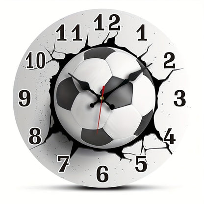 [Silent Soccer Clock] Stylish Silent Soccer Ball Wall Clock, 1pc | Round Wooden Quartz Movement, Ideal for Bedroom, Living Room, Office, Kitchen, Bathroom Decor - Battery Operated (AA Battery Not Included)