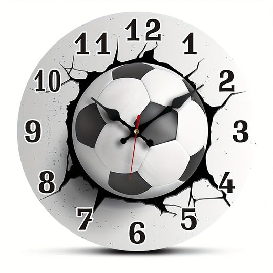[Silent Soccer Clock] Stylish Silent Soccer Ball Wall Clock, 1pc | Round Wooden Quartz Movement, Ideal for Bedroom, Living Room, Office, Kitchen, Bathroom Decor - Battery Operated (AA Battery Not Included)