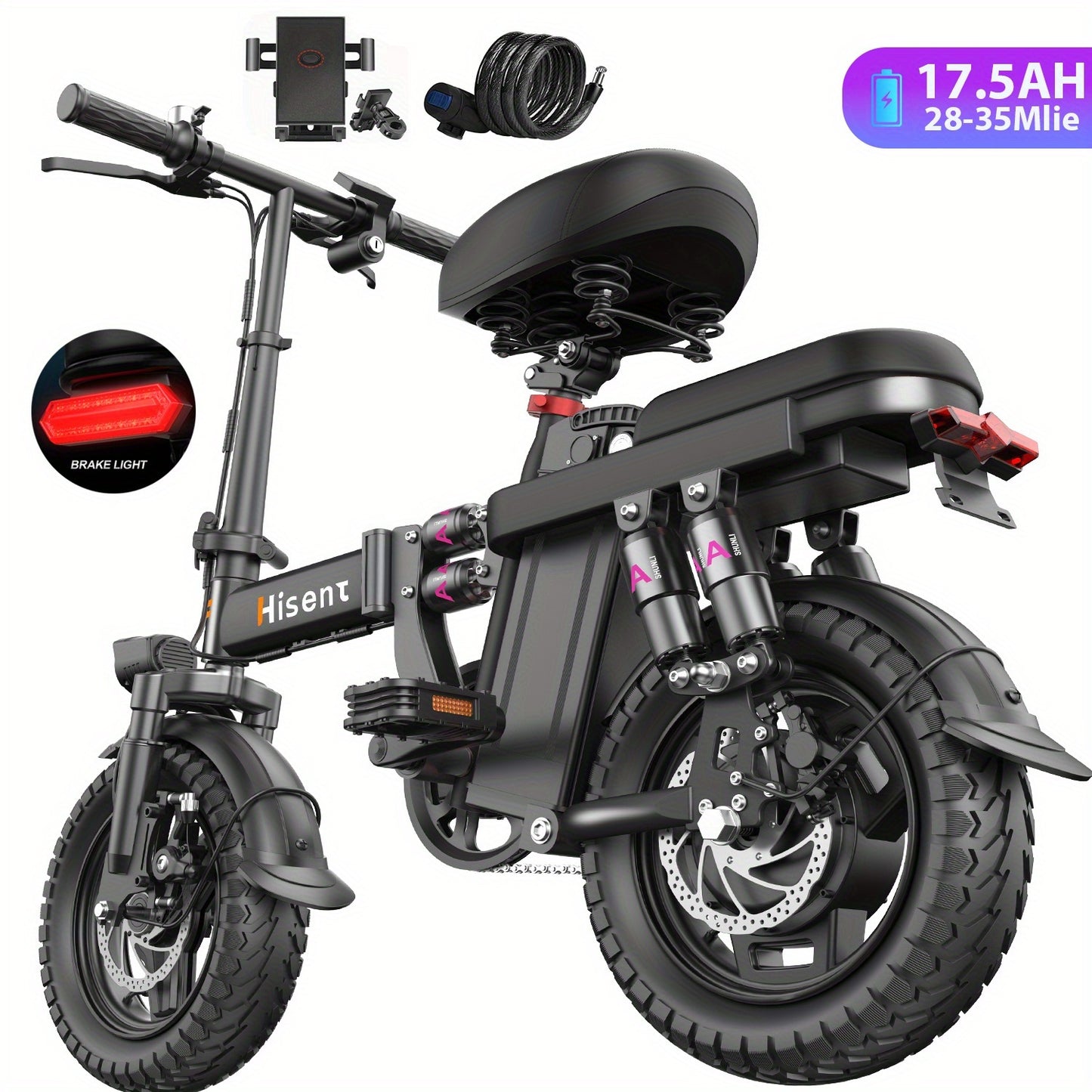 Hisent Adult Electric Bicycle, 48V 6A10A/15A/17.5A Lithium Battery, 20MPH, 8-35 Miles Range, 740W Brushless Motor, Multiple Shock Absorbers, 14" High-quality Tires, 3-step Folding, LCD Display, with Headlight And Taillight, C