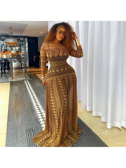 Women'S Elegant Long Sleeve Maxi Dress with Ruched Waist & Geometric Print - Loose Fit Bodycon Silhouette, Round Neck Long Dress in Brown - Comfortable Formal & Semi-Formal Outfits for Fall/Winter, Casual to Formal Events - V