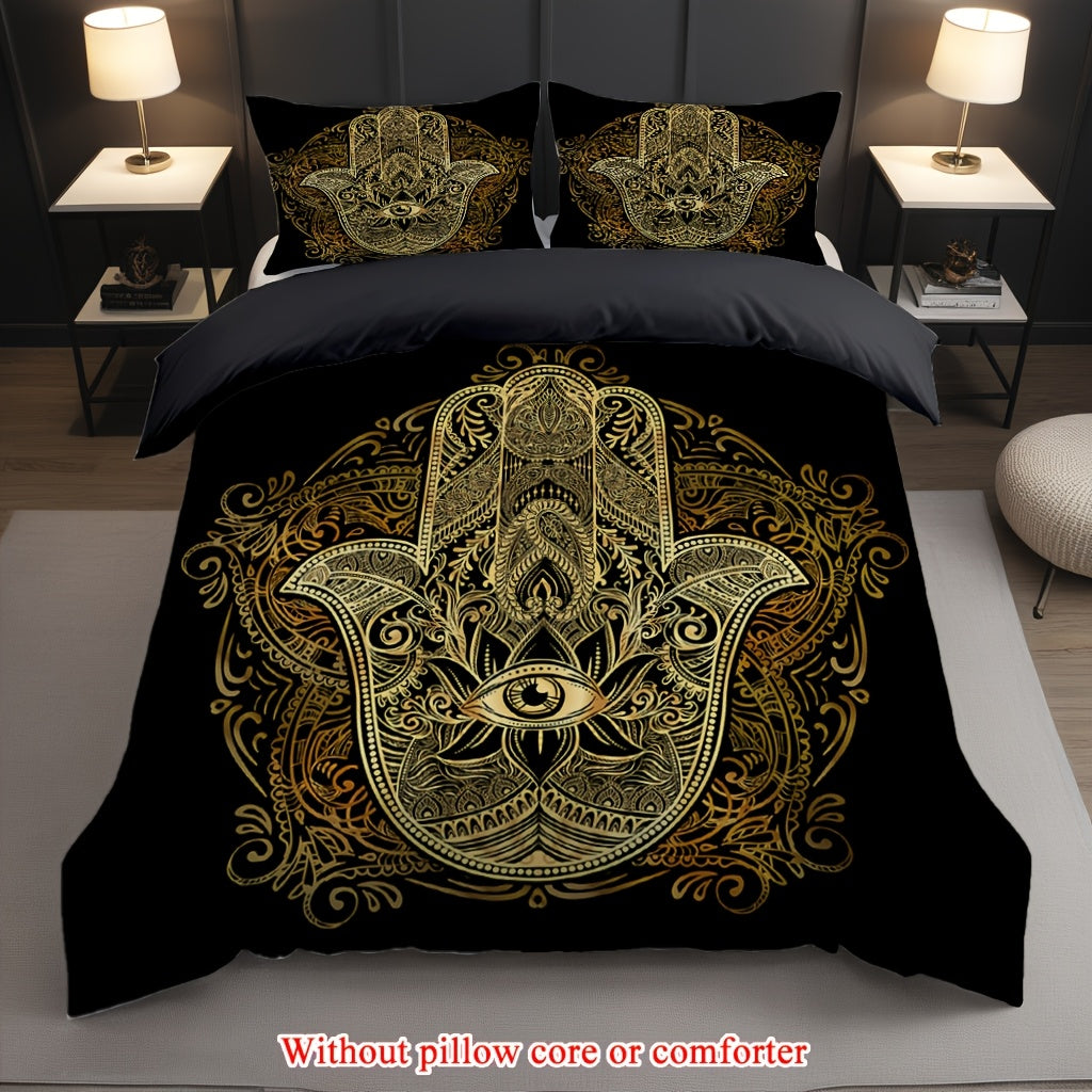 2/3pcs (1 Duvet Cover + 1/2 Pillowcase, Without Core)Mysterious Palm Eyes Striped Geometry Ancient Civilization Faith Print Soft Comfortable Bedding Set for Bedroom Dorm Room Family Gift