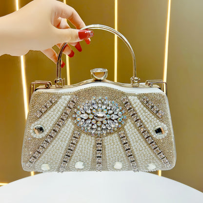 Elegant Rhinestone-Embellished Evening Handbag with Detachable Strap - Chic White Polyester Clutch for Parties, Weddings, and Special Occasions, Perfect Gift for Her, Party Accessory, Luxurious Appearance, Sparkling Embellish