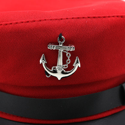 Women's Nautical Anchor Beret Hat - Red & Black Yacht with White Anchor Emblem, Adjustable Buckle Closure, Large Head Size for Face, All-Season Lightweight French-Style for Sailing, Parties & Maritime Events