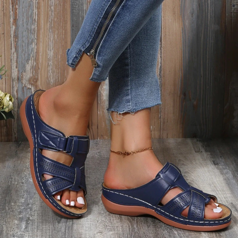 Women's Solid Color Platform Sandals, Slip On Cross Straps Casual Wedge Retro Shoes, Summer Versatile & Comfy Shoes