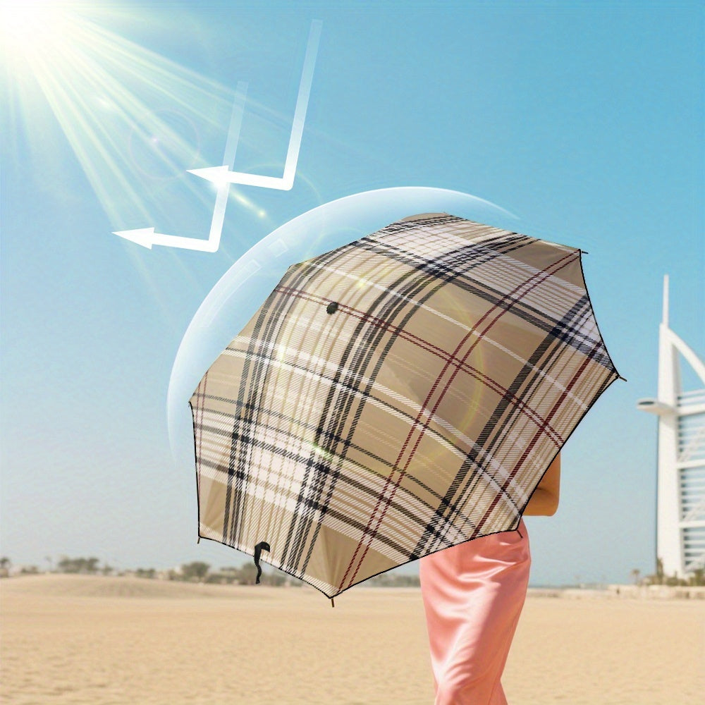 1pc Automatic Open/Close Blocking Umbrella with One-Touch Button, Beige Plaid Checkered Canopy, 10-Rib-like (8-Rib) Frame, Windproof & Portable Compact Travel Umbrella for s, Hiking, Beach, Commuting,  or