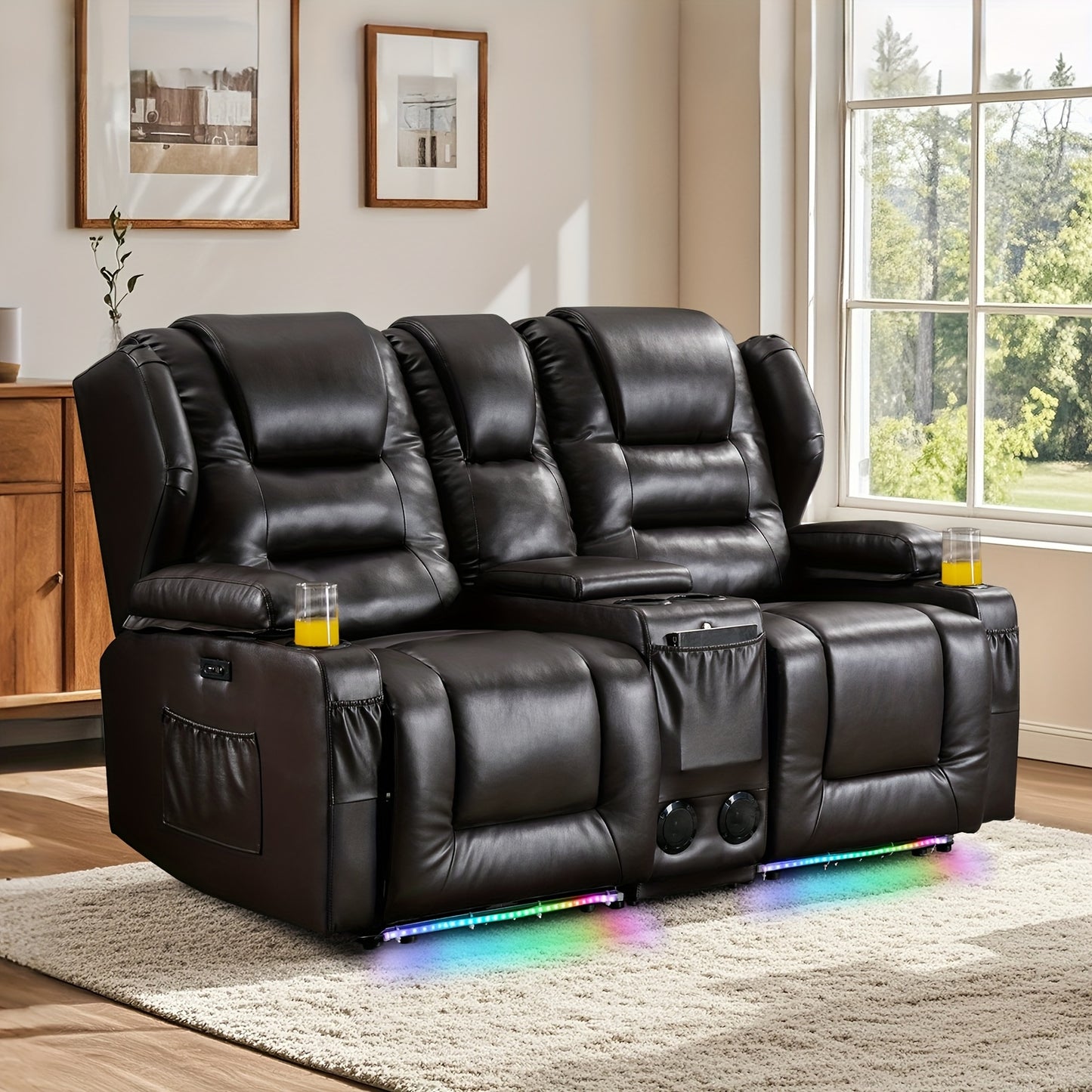 Power Loveseat Recliner With LED Lighting, Home Theater Seating Sofa With Storage & Cup Holders For Living Room RV, Faux Leather