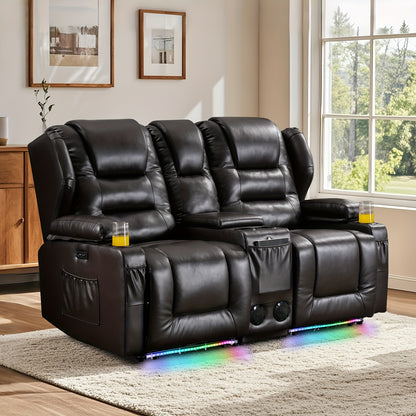 Power Loveseat Recliner With LED Lighting, Home Theater Seating Sofa With Storage & Cup Holders For Living Room RV, Faux Leather