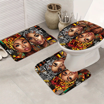 4pcs/1pc African American Woman Shower Curtain Set, Bathroom Curtain With Hooks, Non-Slip Rugs, Toilet U-Shape Mat, Seat Cover, Machine Washable Bathroom Decoration Accessories, African Theme Black Shower Curtain Gift For Wom