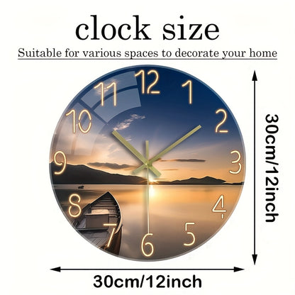 12 Inch Silent Glass Wall Clock with Sunset Mountain Lake Scene & Boat Design - Thickened Reinforced Glass, Battery Operated AA (Not Included), Modern Round Clock for Living Room, Bedroom Decor - Perfect Holiday, Birthday Gif
