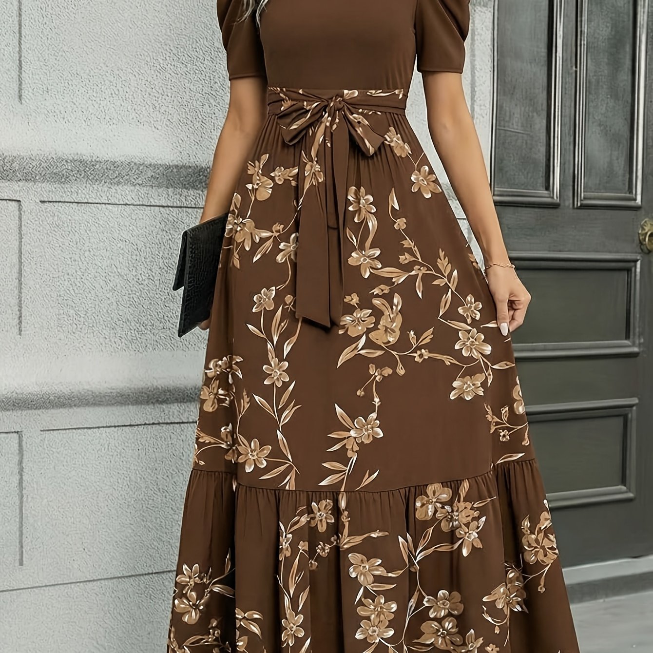 Women'S Floral Cinched-Waist Casual Long Dress, Suitable for Light Business Gatherings | Weekend Afternoon Tea And Similar Occasions, Elegant And Refined.
