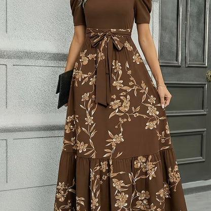 Women'S Floral Cinched-Waist Casual Long Dress, Suitable for Light Business Gatherings | Weekend Afternoon Tea And Similar Occasions, Elegant And Refined.