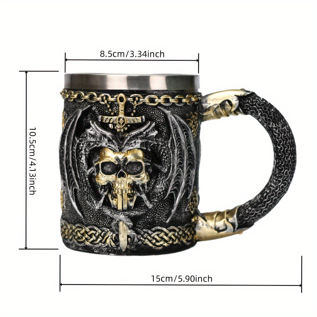 Medieval Collectible Drinkware (Hand Wash Only) - 2024 Dragon Warrior Gothic - 3D Dragon & Skull Coffee Mug & Beer Cup - Stainless Steel Insulining Cup with Celtic Knot Design - Viking-Themed Gift for Men - Christmas - Hallow