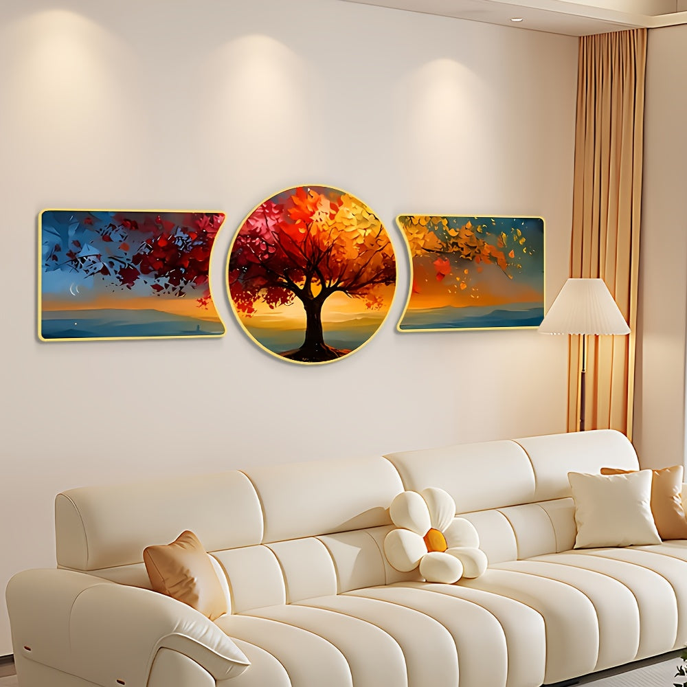 2D Flat, Three-piece Landscape Tree Wall Hanging Decoration, Waterproof Background Wall Decoration Painting, Light Luxury Style Wall Carving Decoration, Suitable for Home, Living Room, Office