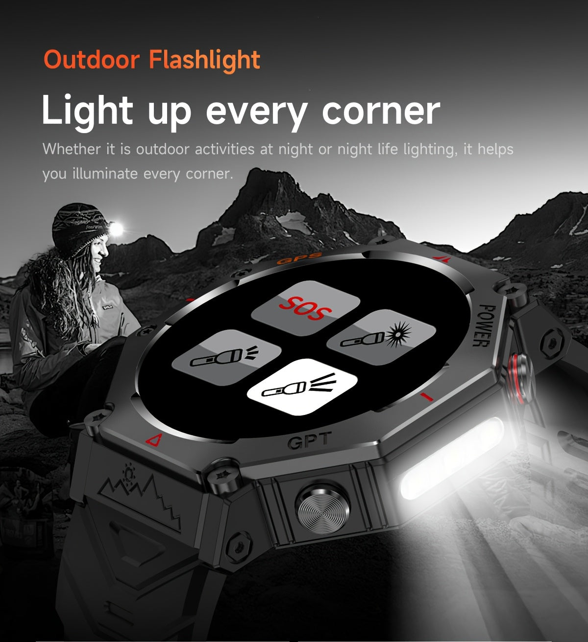 Men's Smartwatch - 1.39inch full touch HD Display, come with long range flashligh & GPS function, 530mAh large battery capacity, Wireless Calls/dial, compass, Music Control, massive sports modes, Zinc Alloy Case, Silicone and