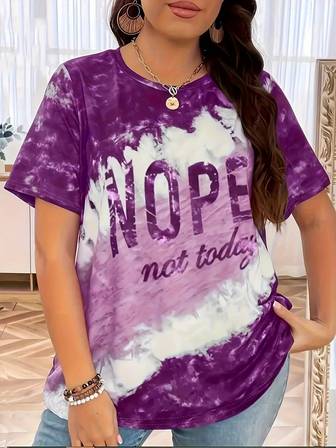 Women'S Plus Size Tie-Dye Graphic T-Shirt - NOPE Not Today Bold Statement Tee in Purple & White, Relaxed Fit Crew Neck Summer Top - Breathable Everyday Casual Shirt for Women - Machine Washable Statement Outfit Essential, Out