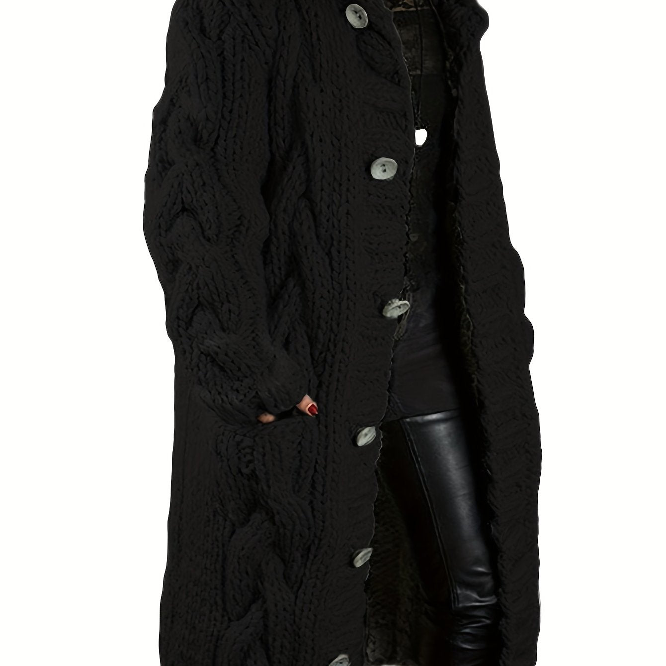 Plus Size - Cardigan for Women in Fall And Winter - Casual Plus Size, Oversized Design with Long Sleeves Featuring a Cable Pattern, Single Row of Buttons, Pockets, And a Long Length. Made from Soft Fabric, It Can Be Hand Wash