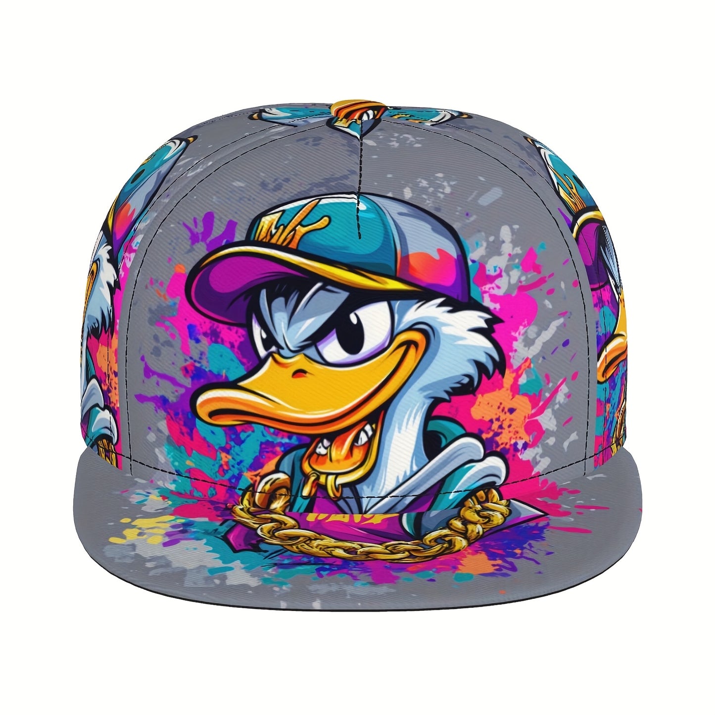 Unisex Adjustable Snapback Baseball Cap - Vibrant Graffiti Cartoon Duck Street Art Design, Lightweight 100% Polyester, Machine Washable, Flat Brim Trucker Hat for Men & Women, Perfect Gift for Father's Day, Mother's Day, Beac