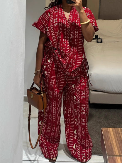 2pcs Set Geometric Print Short-Sleeve Fitted Top And High-Waist Wide-Leg Pants | Women'S Vintage Ethnic-Style Design, Suitable for Daily Autumn And Winter Commuting, Casual Luxury Gatherings, And Trendy Streetwear