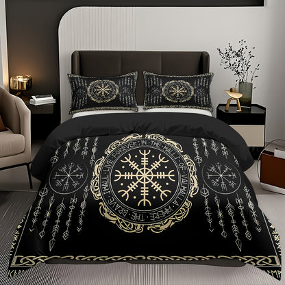 3pcs Comfortable Nordic Rune Theme Duvet Cover Set, Soft High-Definition Digital Print Perfect Gift, Soft Breathable 100% Polyester, All-Season, Family And Friends Gift, Machine Washable (1 Duvet Cover + 2 Pillowcases, No Fil