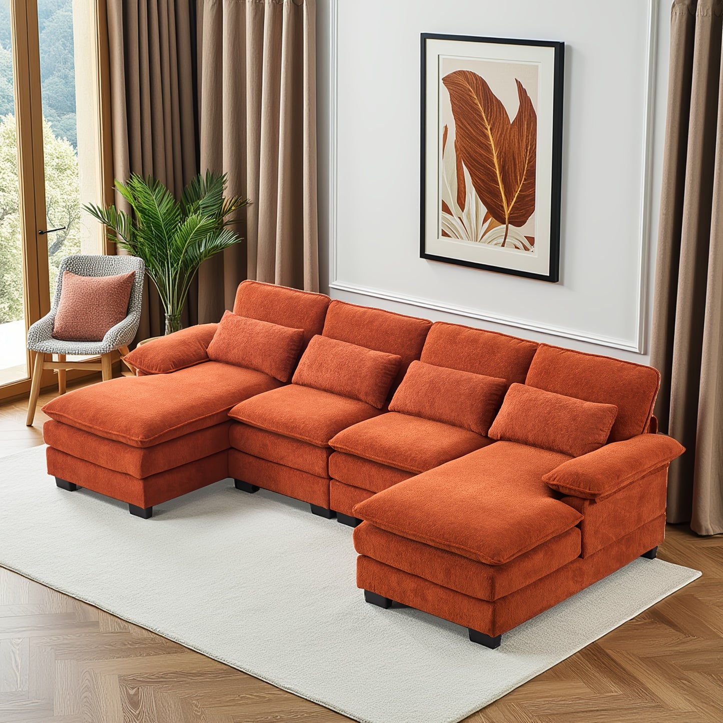 110'' U-Shaped Comfort 4-Seater Cloud Sofa, Modern Deep-Seat Comfort Living Room Sofa, Chenille Fabric