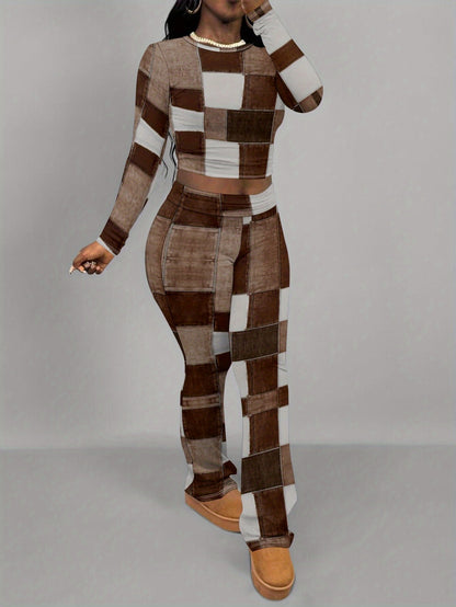 European and American style brown and white patchwork print two-piece set for women: long-sleeved cropped top + slightly flared trousers. Features visible stitching details for a unique and look.